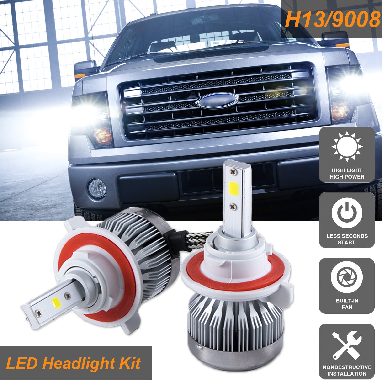 H13 9008 COB LED Headlight Conversion Kit High/Low Beam 6000LM HID Xen