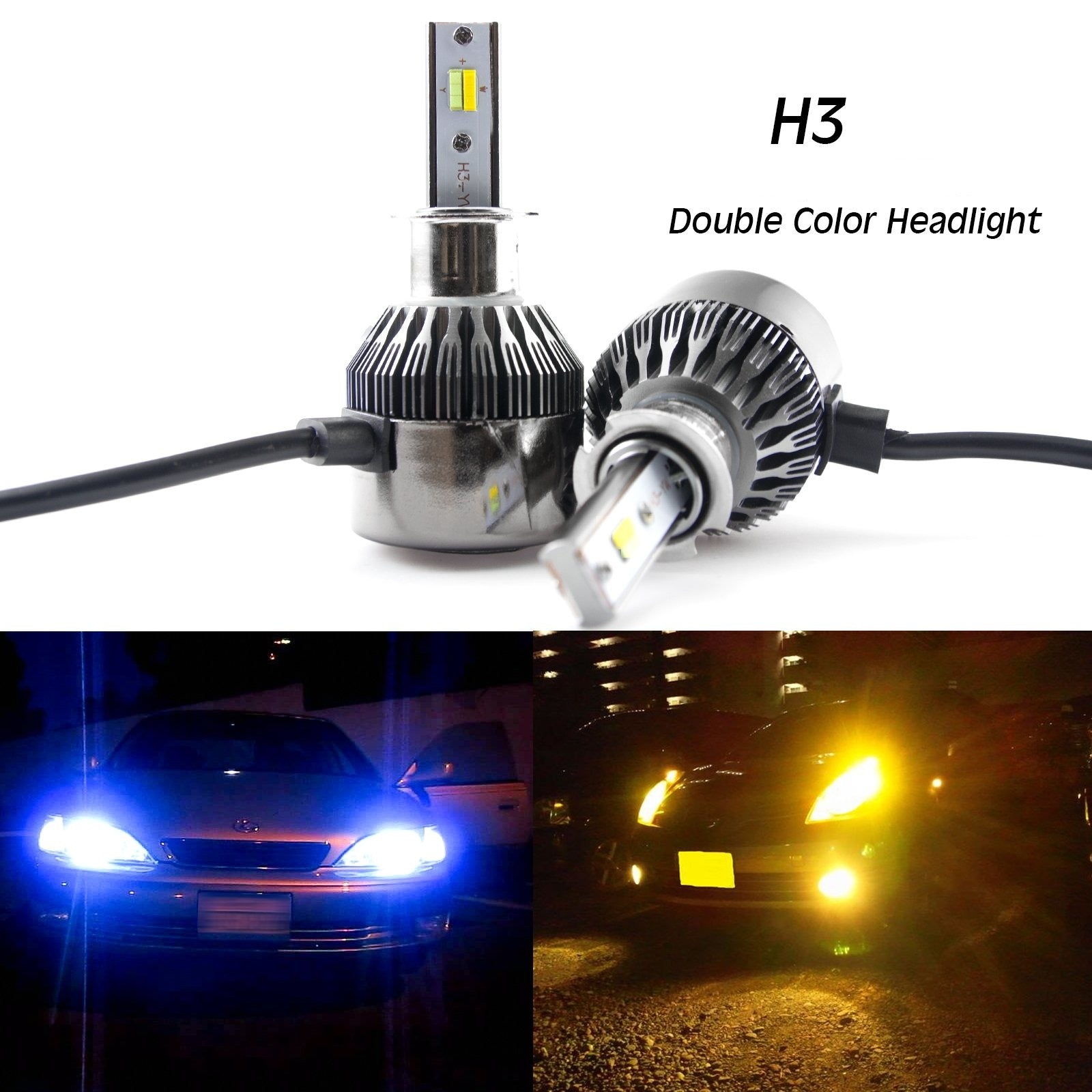 Led Color 8000k H3 8000LM Dual-Color 3000K Amber\8000K Ice Blue LED Headlight Low Beam ...