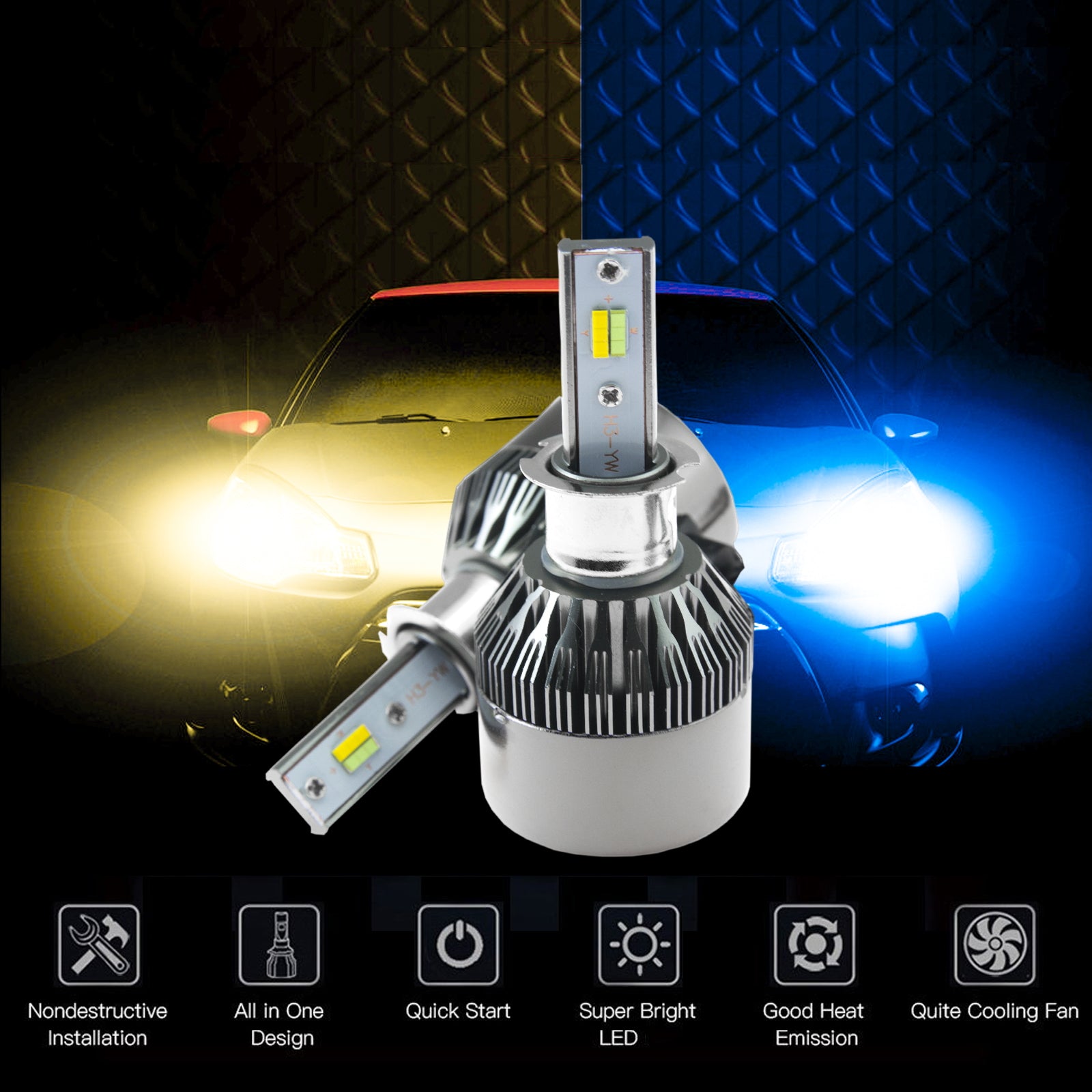 H3 8000LM Dual-Color 3000K Amber\8000K Ice Blue LED Headlight Low