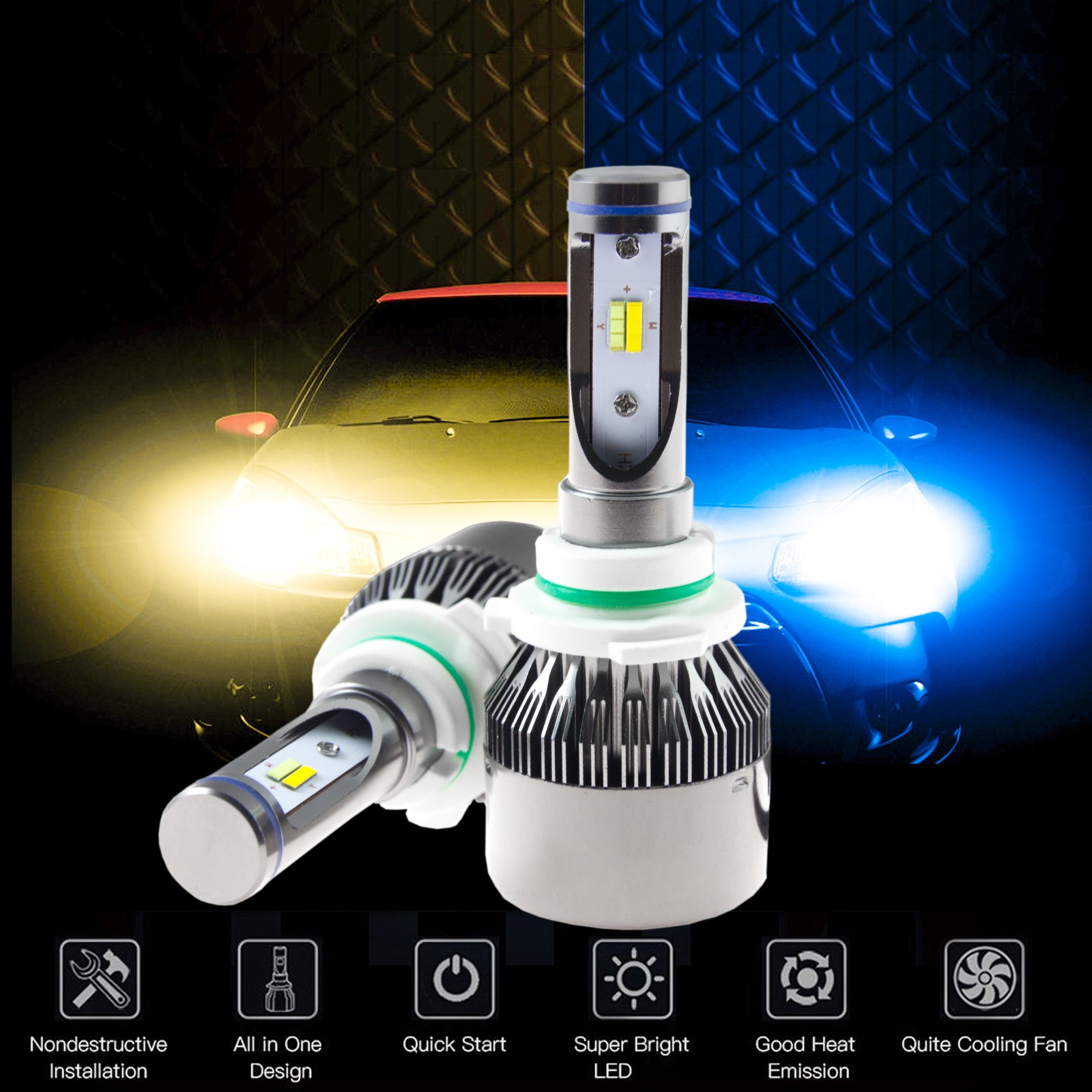 AUTOVIZION 9006/HB4 LED Headlight Bulbs – 6000K, 72W, 7600LM, IP68, TurboFan Cooling