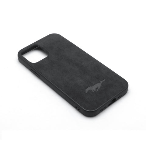 Matte Black Alcantara Suede Leather Protective Skin For Apple iPhone 12 Pro Shockproof Anti-Fall Protective Case (Mustang Logo Style)