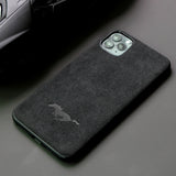 Matte Black Alcantara Suede Leather Protective Skin For Apple iPhone 12 Pro Shockproof Anti-Fall Protective Case (Mustang Logo Style)