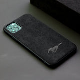 Matte Black Alcantara Suede Leather Protective Skin For Apple iPhone 12 Pro Shockproof Anti-Fall Protective Case (Mustang Logo Style)