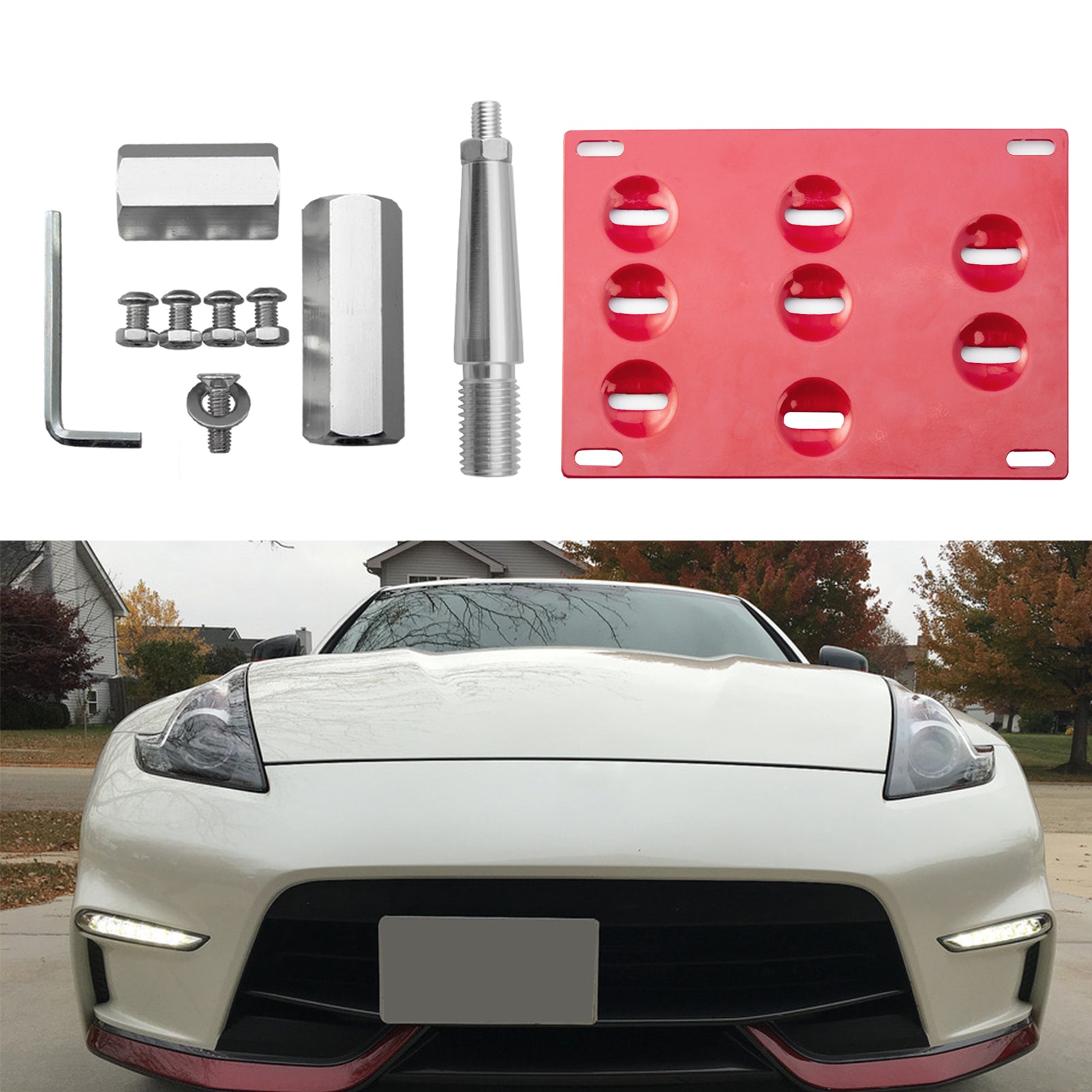 Red License Plate Front Bumper Tow Hook Bracket Kit For Nissan