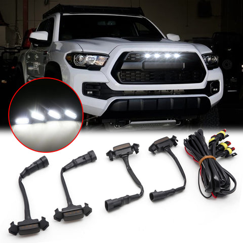 4pcs Smoked Lens White LED Front Grille Lighting Assemblies Kit Compatible with Toyota Tacoma w/TRD Pro Grill 2016-2021 RAV4 2019-2021