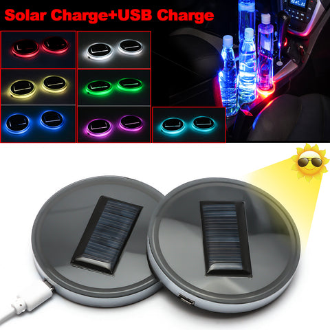 2pcs LED Car Cup Holder Lights 7 Colors Solar Changing USB Charging Mat Luminescent Cup Pad,Auto Interior Atmosphere Lights Lamp