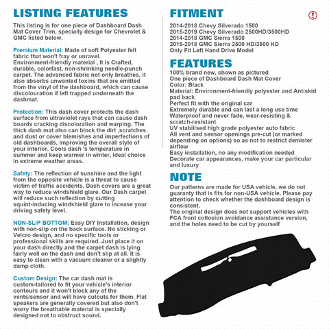 Center Console Dashboard Mat Pre-cut Non-Slip Sunshield Sun Glare Protector Dash Carpet Pad Black Cover Compatible with Chevrolet Silverado GMC Sierra 1500 2500 3500 2014-2018