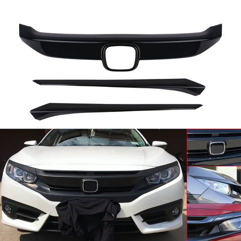 Black ABS Exterior Front Grille Hood Frame Cover Trim For Civic 2016-2021
