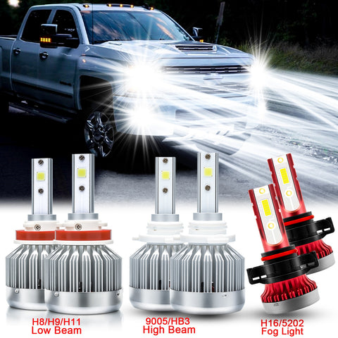 6pcs 6000K Xenon White LED High Low Beam Headlight + Fog Light Bulb Combo Package for Chevrolet Silverado 1500 2500 3500 2007-2015